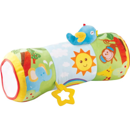 Buntes Babybolster-Kissen mit Tiermotiven, blauem Vogel-Plüschtier und gelbem, sternförmigem Beißring.