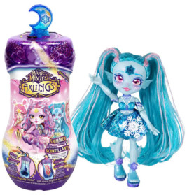 Magic Mixies Pixlings Puppe mit blauen Haaren, blauem Kleid und passender flaschenförmiger Verpackung.