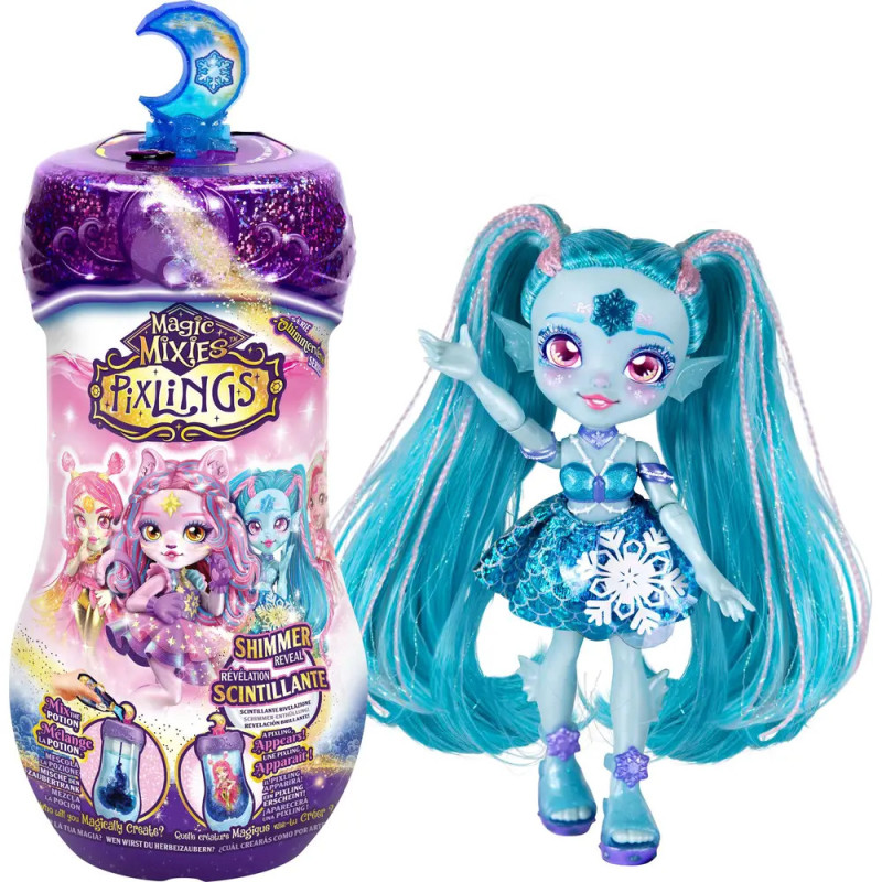 Magic Mixies Pixlings Puppe mit blauen Haaren, blauem Kleid und passender flaschenförmiger Verpackung. Magic Mixies Pixlings Puppe mit blauen Haaren, blauem Kleid und passender flaschenförmiger Verpackung.