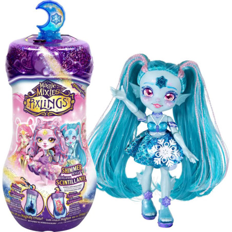 Magic Mixies Pixlings Puppe mit blauen Haaren, blauem Kleid und passender flaschenförmiger Verpackung.