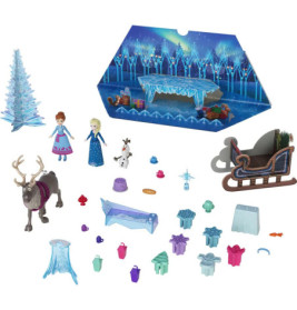 Frozen-Spielset mit Anna, Elsa, Sven, Olaf, Schlitten, Baum, Bühne und verschiedenen kleinen Zubehörteilen.