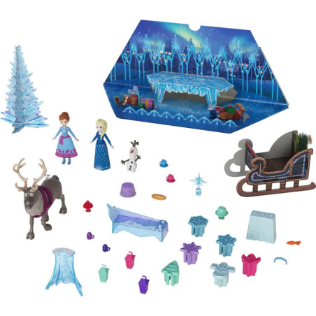 Frozen-Spielset mit Anna, Elsa, Sven, Olaf, Schlitten, Baum, Bühne und verschiedenen kleinen Zubehörteilen.