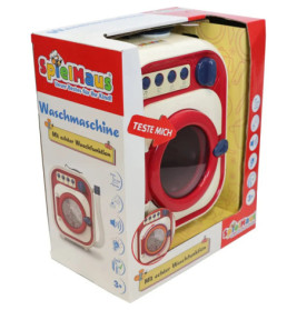 Spielzeug-Waschmaschine in rot-weißer Verpackung, beschriftet mit SpielMaus Waschmaschine und interaktiven Funktionen.