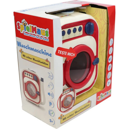 Spielzeug-Waschmaschine in rot-weißer Verpackung, beschriftet mit SpielMaus Waschmaschine und interaktiven Funktionen.