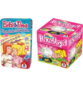 Zwei bunte Bibi & Tina Spiele: eins mit Freundschaftsbändern, das andere mit einer Zauberkristallkugel.