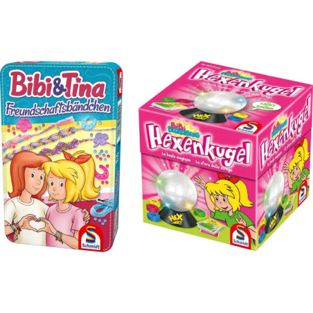 Zwei bunte Bibi & Tina Spiele: eins mit Freundschaftsbändern, das andere mit einer Zauberkristallkugel.