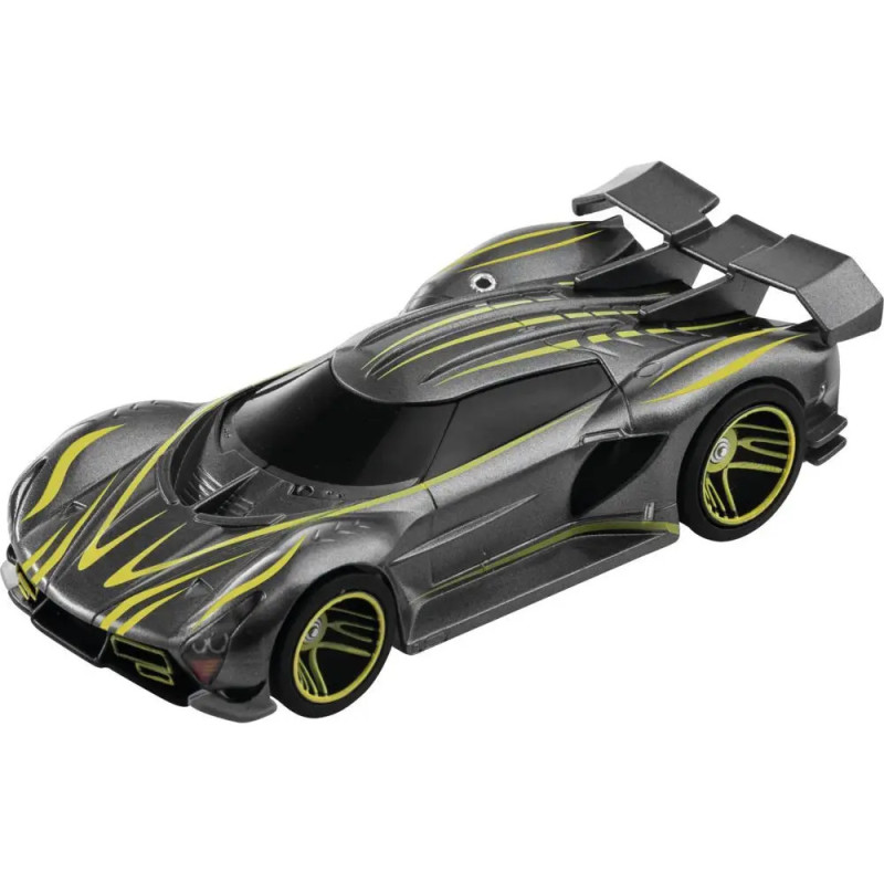 Schwarzes Spielzeug-Sportauto mit gelben Akzenten, großem Heckflügel und Rädern mit gelben Streifen.