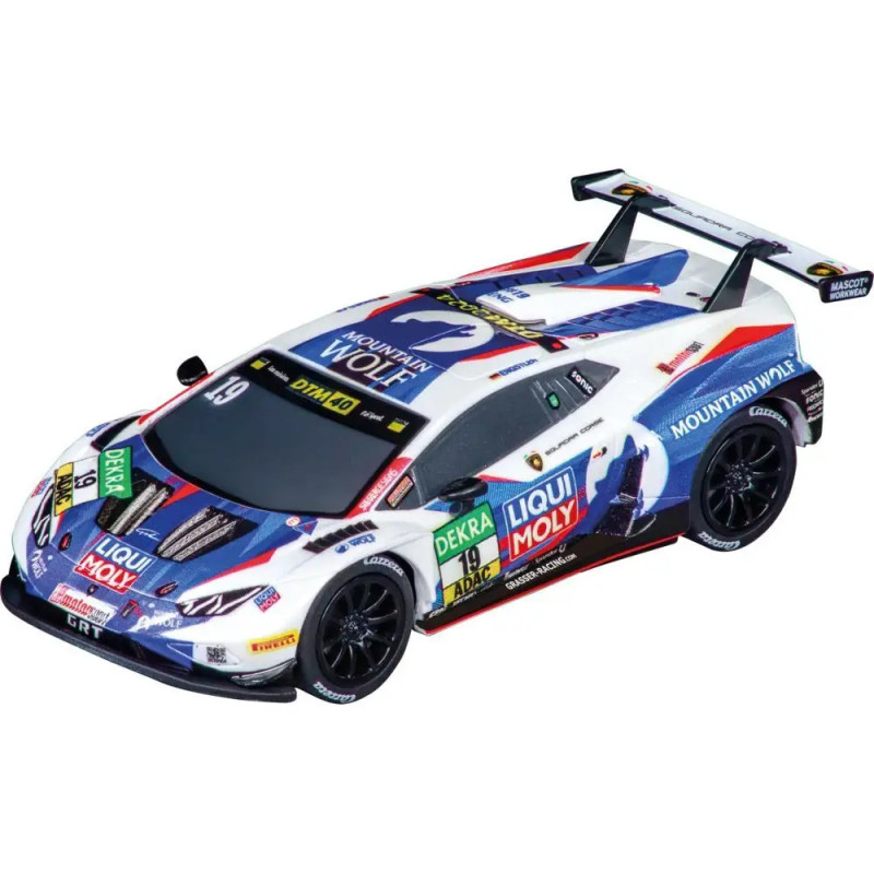 Spielzeug-Rennauto mit bunten Mountain Wolf- und Liqui Moly-Aufklebern, Nummer 19 auf Dach und Seiten.