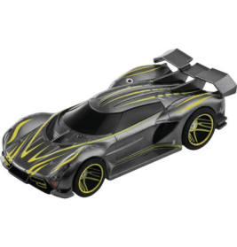 Schwarzes Spielzeug-Sportauto mit gelben Streifen und großem Heckspoiler.