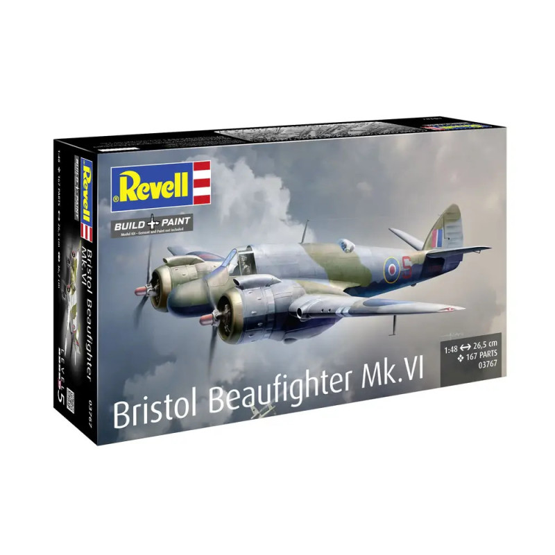 Revell Modellbausatz Bristol Beaufighter Mk.VI mit Flugzeugabbildung im Flug auf der Verpackung. Revell Modellbausatz Bristol Beaufighter Mk.VI mit Flugzeugabbildung im Flug auf der Verpackung.