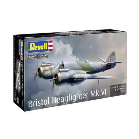 Revell Modellbausatz Bristol Beaufighter Mk.VI mit Flugzeugabbildung im Flug auf der Verpackung.
