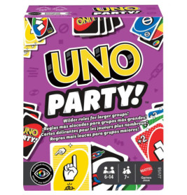 UNO Party!-Kartenspielbox mit bunten Karten auf lila Hintergrund. Für 6-14 Personen geeignet.