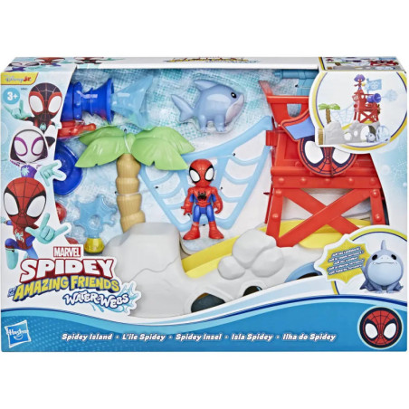 Spidey-Spielset mit Spider-Man-Figur, Hai, Palme und Rettungsstation Marvel Spidey-Branding.
