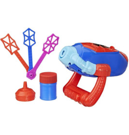 Blau-rotiertes Seifenblasenspielzeug mit drei sternförmigen Stäben und einem Behälter mit Seifenlauge.
