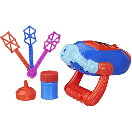 Blau-rotiertes Seifenblasenspielzeug mit drei sternförmigen Stäben und einem Behälter mit Seifenlauge.