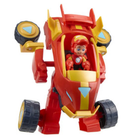 Rotes Spielzeugfahrzeug mit gelben Akzenten, sitzender Figur und großen Rädern an den Seiten und unten.