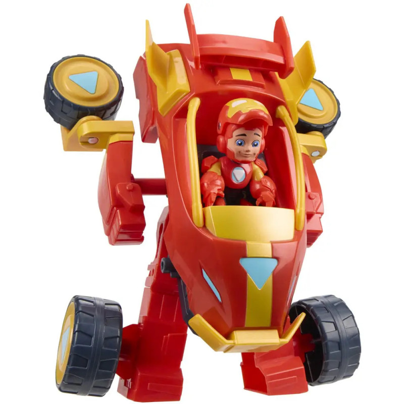 Rotes Spielzeugfahrzeug mit gelben Akzenten, sitzender Figur und großen Rädern an den Seiten und unten. Rotes Spielzeugfahrzeug mit gelben Akzenten, sitzender Figur und großen Rädern an den Seiten und unten.
