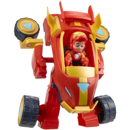 Rotes Spielzeugfahrzeug mit gelben Akzenten, sitzender Figur und großen Rädern an den Seiten und unten.