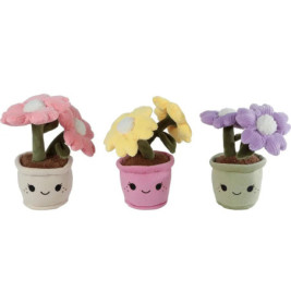 Drei Plüsch-Blumentöpfe mit lachenden Gesichtern, gefüllt mit bunten Blumen in Pink, Gelb und Lila.