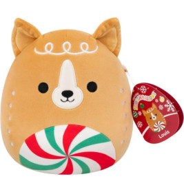 Plüschhundespielzeug in Hellbraun mit Pfefferminzdesign und festlichem Anhänger an der Seite.