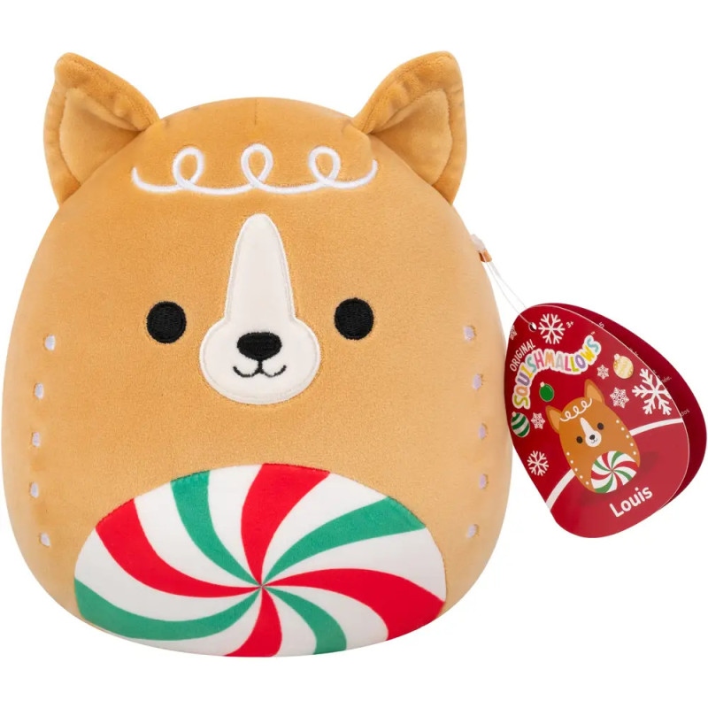 Plüschhundespielzeug in Hellbraun mit Pfefferminzdesign und festlichem Anhänger an der Seite.