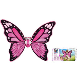 Große rosa-lila Schmetterlingsflügel mit Krone neben farbenfroher Verpackung.