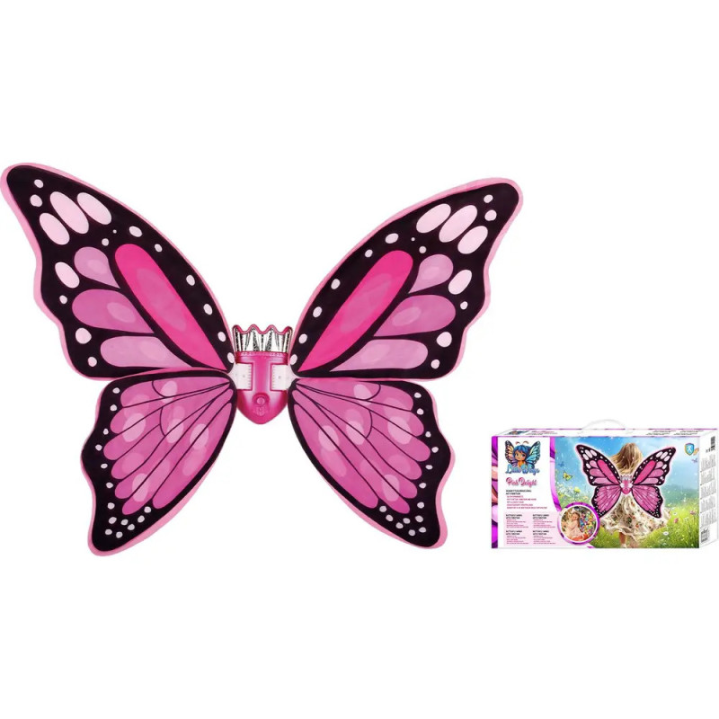 Große rosa-lila Schmetterlingsflügel mit Krone neben farbenfroher Verpackung. Große rosa-lila Schmetterlingsflügel mit Krone neben farbenfroher Verpackung.