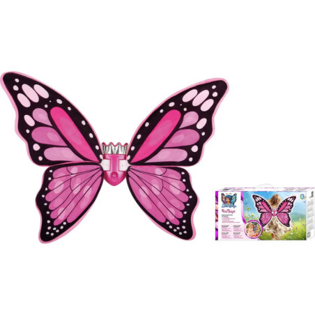 Große rosa-lila Schmetterlingsflügel mit Krone neben farbenfroher Verpackung.