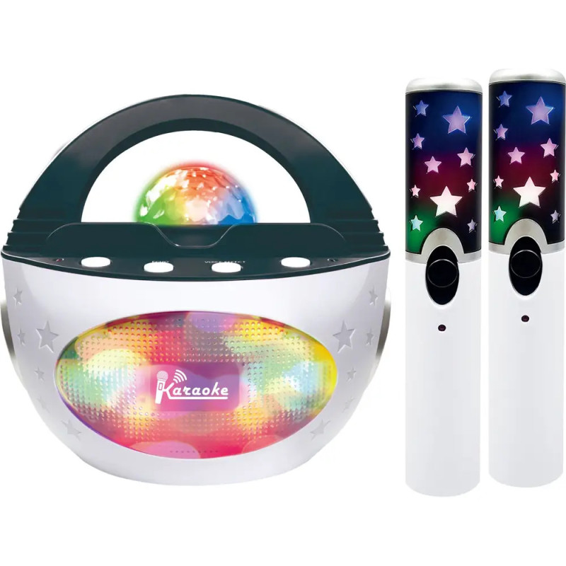 Karaokeanlage mit bunten Lichtern und zwei kabellosen Mikrofonen mit Sternenmuster. Karaokeanlage mit bunten Lichtern und zwei kabellosen Mikrofonen mit Sternenmuster.