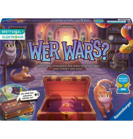 Spielebox Wer Wars? mit Tieren, einer Schatztruhe und farbenfroher, magischer Raumdekoration.