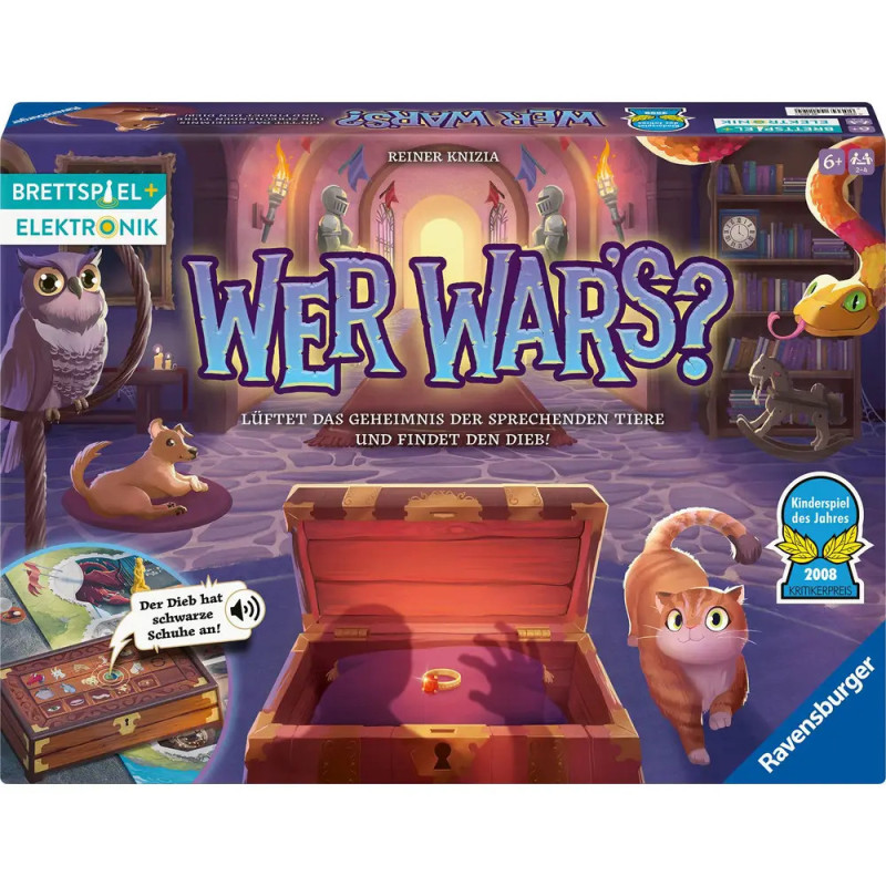 Spielebox Wer Wars? mit Tieren, einer Schatztruhe und farbenfroher, magischer Raumdekoration. Spielebox Wer Wars? mit Tieren, einer Schatztruhe und farbenfroher, magischer Raumdekoration.