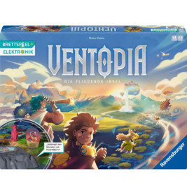 Spielschachtel von Ventopia mit animierten Figuren und einer schwebenden Insel in fantasievoller Landschaft.