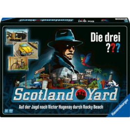 Brettspiel-Box mit Detektiv, Oldtimern, Tieren und Route-66-Schildern Titel: Scotland Yard.