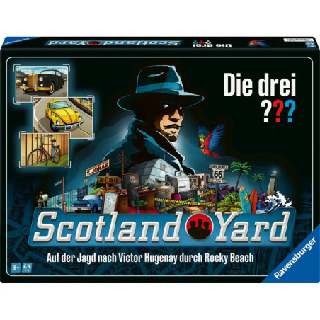Brettspiel-Box mit Detektiv, Oldtimern, Tieren und Route-66-Schildern Titel: Scotland Yard.