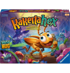 Bunte Spielebox mit gezeichneter Kakerlake und magischen Küchenutensilien, Titel Kakerlachex sichtbar.
