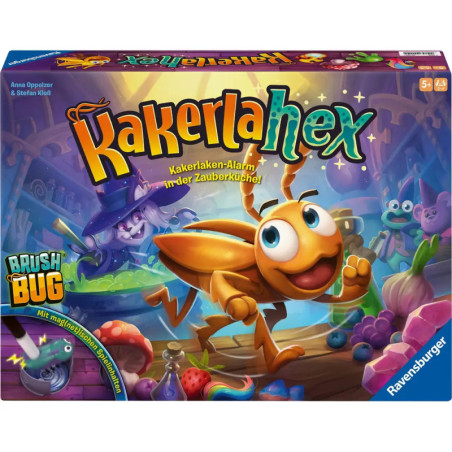 Bunte Spielebox mit gezeichneter Kakerlake und magischen Küchenutensilien, Titel Kakerlachex sichtbar. Bunte Spielebox mit gezeichneter Kakerlake und magischen Küchenutensilien, Titel Kakerlachex sichtbar.