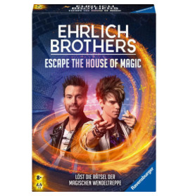 Zwei Männer posieren auf dem Ehrlich-Brothers-Spiel Escape the House of Magic vor einem feurigen Wirbel-Design.