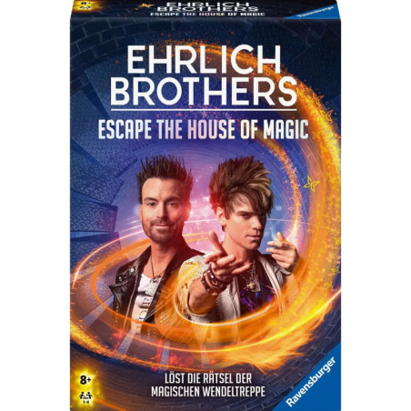 Zwei Männer posieren auf dem Ehrlich-Brothers-Spiel Escape the House of Magic vor einem feurigen Wirbel-Design.