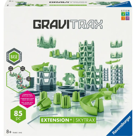 Gravitrax Skytrax Erweiterungsset mit grünen und grauen Schienen, Türmen, 85 Teilen, ab 8 Jahren.