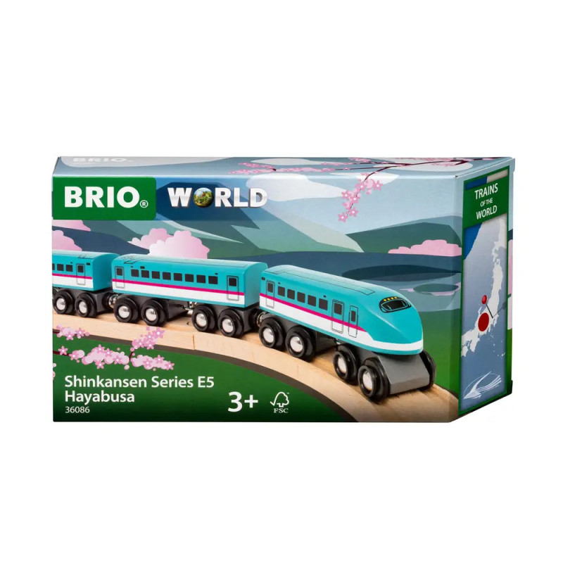 BRIO World Shinkansen E5 Hayabusa Spielzugbox mit Kirschblütenmotiv. BRIO World Shinkansen E5 Hayabusa Spielzugbox mit Kirschblütenmotiv.