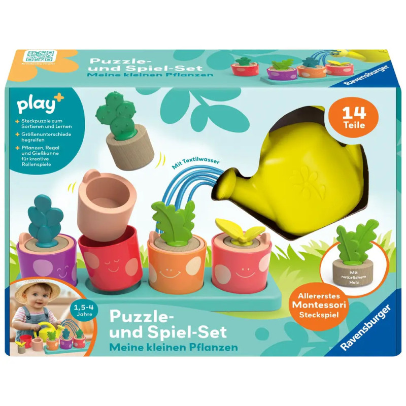 Puzzle- und Spielset mit Spielzeugpflanzen, Töpfen und Gießkanne für Kinder von 1,5 bis 4 Jahren.