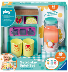 Spielzeug-Getränkeset mit Bechern, Eiswürfeln, Fruchtscheiben und Mixer bunte Verpackung mit deutschem Text.