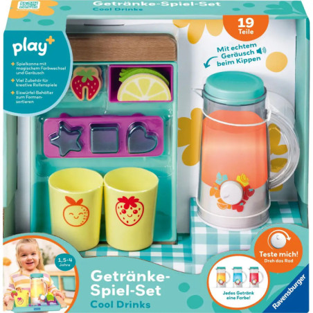 Spielzeug-Getränkeset mit Bechern, Eiswürfeln, Fruchtscheiben und Mixer bunte Verpackung mit deutschem Text. Spielzeug-Getränkeset mit Bechern, Eiswürfeln, Fruchtscheiben und Mixer bunte Verpackung mit deutschem Text.