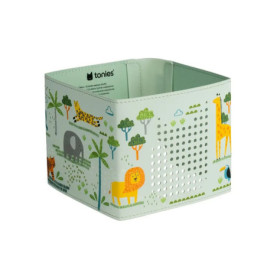 Hellgrüne Aufbewahrungsbox mit Comic-Safari-Tieren und Bäumen, darunter Löwe, Elefant und Giraffe.