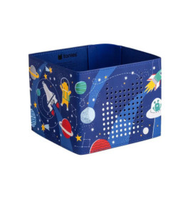Blaue quadratische Aufbewahrungsbox mit bunten Weltraummotiven wie Raketen, Planeten und Astronauten.