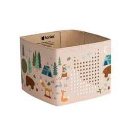 Beige Aufbewahrungsbox mit Abbildungen von Waldtieren, Bäumen und Zelten auf den Seiten.