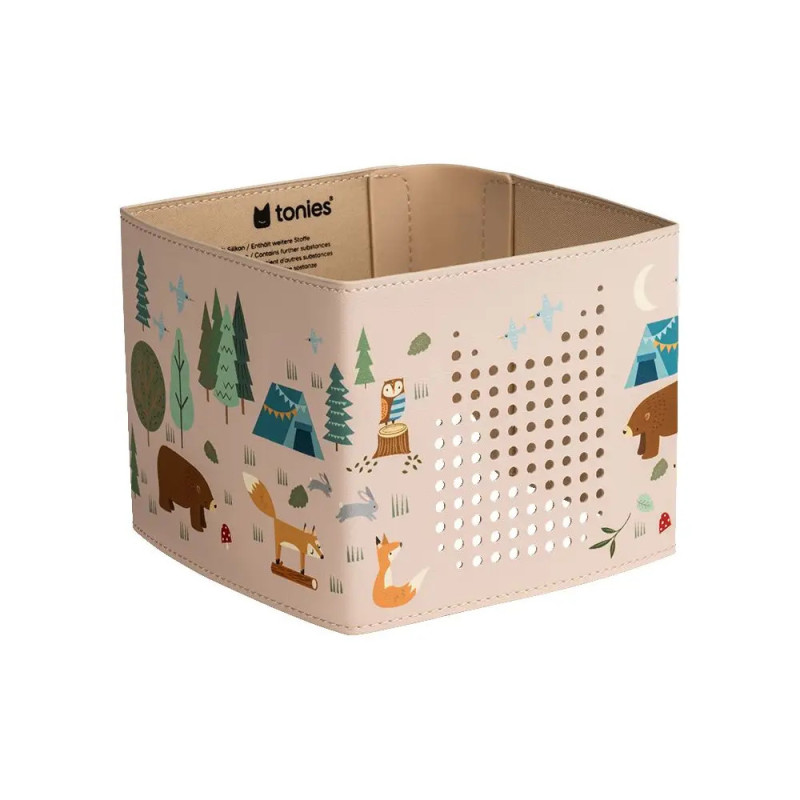 Beige Aufbewahrungsbox mit Abbildungen von Waldtieren, Bäumen und Zelten auf den Seiten.