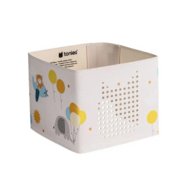 Weiße Toniebox-Hülle mit bunten Ballons, einem Elefanten und spielerischen Cartoon-Figuren an den Seiten.