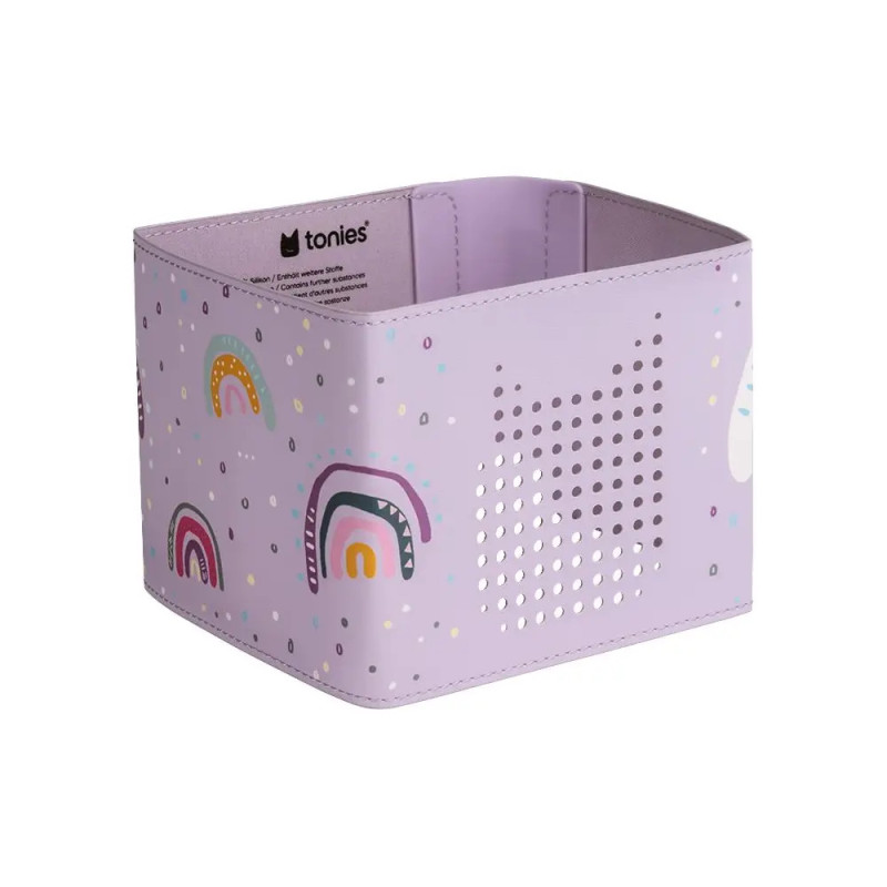 Lila Tonies-Box mit buntem Regenbogenmuster und gepunktetem Design an den Seiten.