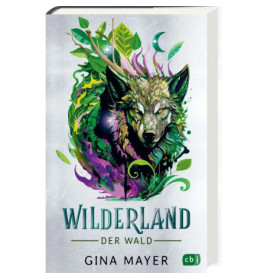 Buchcover von Wilderland: Der Wald von Gina Mayer mit einer Illustration eines Wolfs und bunten Blätterakzenten.